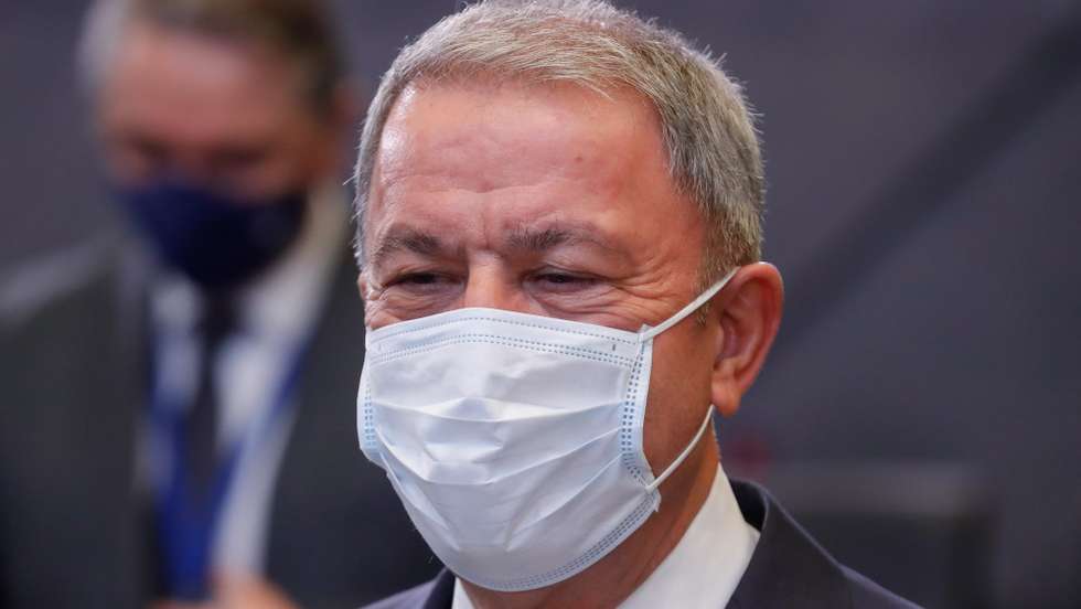 epa09763151 Turkish Defence Minister Hulusi Akar at the start of a meeting of the NATO Ministers of Defence at the NATO headquarters in Brussels, Belgium, 16 February 2022. The meeting takes place in Brussels on 16 and 17 February 2022.  EPA/STEPHANIE LECOCQ