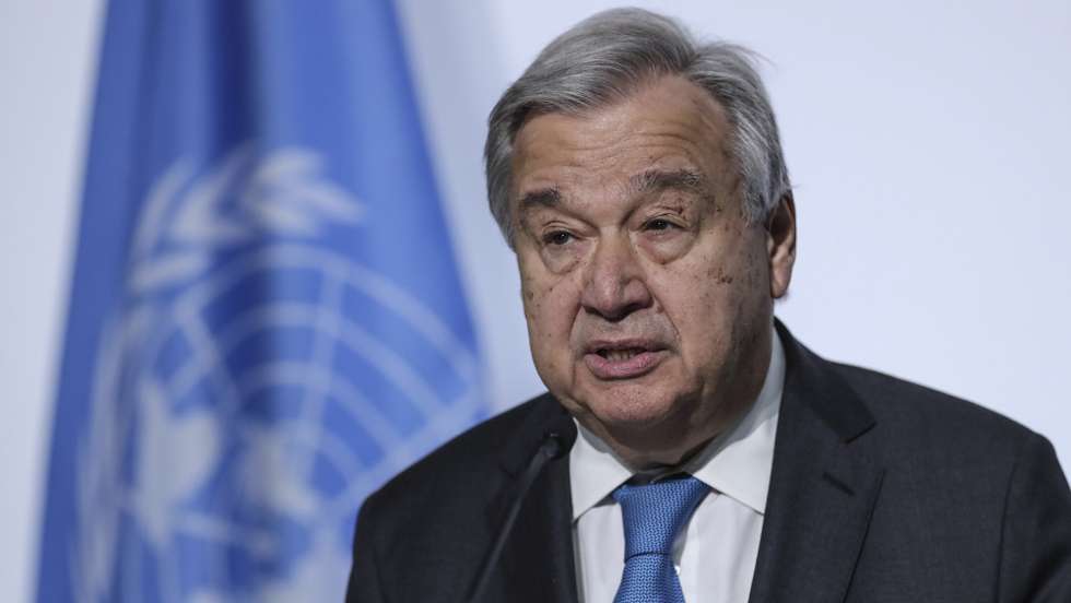 epa10036671 United Nations General Secretary Antonio Guterres during the press conference after the opening of the plenary session of the UN Ocean Conference at Lisbon, Portugal, 27 June 2022. The UN Ocean Conference 2022 runs from 27 June to 01 July 2022.  EPA/MIGUEL A. LOPES