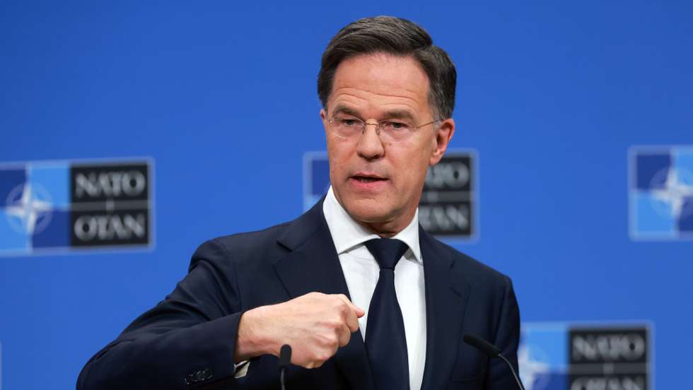 epa12009149 NATO Secretary General Mark Rutte speaks at a press conference after the North Atlantic Treaty Organization (NATO) meeting of NATO Foreign Ministers at NATO's headquarters in Brussels, Belgium, 04 April 2025.  EPA/OLIVIER HOSLET