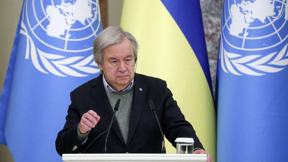 epa10509519 UN Secretary-General Antonio Guterres attends a joint press conference with Ukraine's President Zelensky following their meeting in Kyiv, Ukraine, 08 March 2023. Antonio Guterres arrived in Ukraine to meet with top officials amid Russia's invasion and discuss the further implementation of the 'grain agreement'.  EPA/SERGEY DOLZHENKO