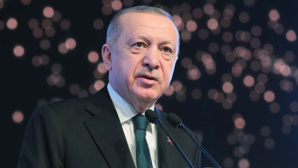 epa09816975 A handout photo made available by the Turkish President Press Office shows Turkish President Recep Tayyip Erdogan speaks during the opening session of the Antalya Diplomacy Forum in Antalya, Turkey, 11 March 2022. The theme of the Antalya Diplomacy forum, which will be held for the second time this year is 'Recoding Diplomacy'. The three-day forum will be hosted heads of states, foreign ministers, representatives of international groups.  EPA/TURKISH PRESIDENT PRESS OFFICE HANDOUT  HANDOUT EDITORIAL USE ONLY/NO SALES