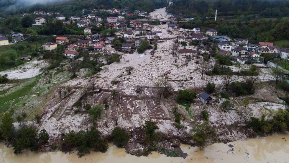 epa11642835 A picture taken with a drone shows damage caused by the flash floods in Donja Jablanica, Bosnia and Herzegovina, 05 October 2024. Central and southern parts of Bosnia and Herzegovina were hit by a severe rainstorm on 03 October 2024, which caused widespread flooding, closing roads, cutting electricity, and disrupting telecom signals. Rescue services in Jablanica and Kiseljak reported several people missing and called for army assistance, as access to Jablanica was completely blocked due to road and rail closures. 19 fatalities due to the flash floods have been confirmed so far by the regional government of Hercegovacko-Neretvanska county.  EPA/NIDAL SALJIC