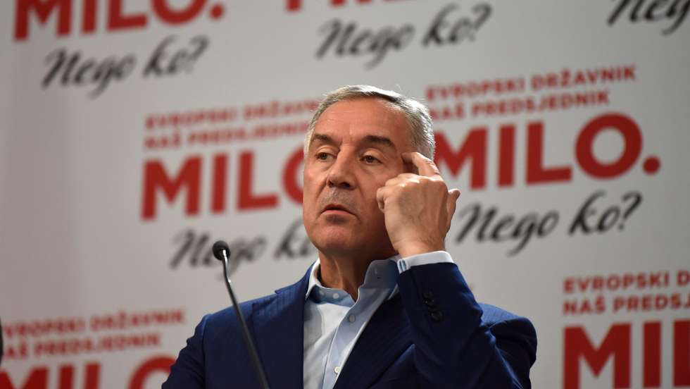 epa10533086 Presidential candidate and incumbent President of Montenegro Milo Djukanovic addresses the media in Podgorica, Montenegro, 19 March 2023. Early projections suggest that President Djukanovic will face Jakov Milatovic in the second round of the elections for President of Montenegro on 02 April 2023.  EPA/BORIS PEJOVIC