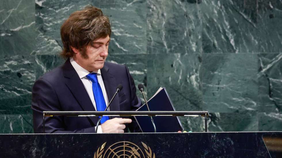 epa12402313 President of Argentina Javier Gerardo Milei attends the General Debate of the 80th session of the United Nations General Assembly (UNGA) at the United Nations headquarters in New York, USA, 24 September 2025.  EPA/KENA BETANCUR