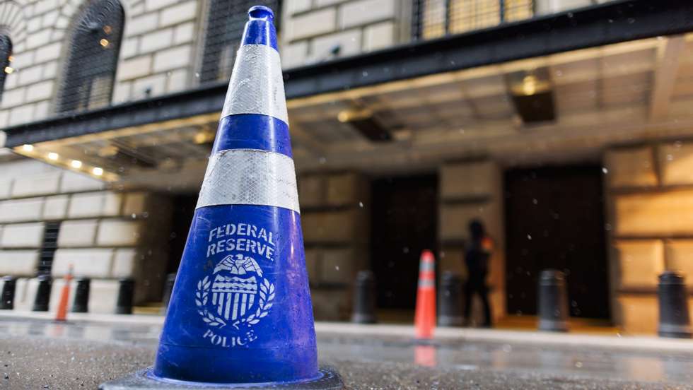 epa10522666 A traffic cone outside of the Federal Reserve Bank of New York, in New York, New York, USA, 14 March 2023. The United States’ Federal Reserve bank is scheduled to meet next week to consider another potential interest rate hike, but the central bank may consider different action in response to recent inflation data and the failing of two large banks.  EPA/JUSTIN LANE