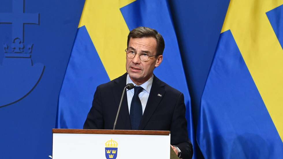 epa11174883 Swedish Prime Minister Ulf Kristersson speaks during a joint press conference with the Hungarian prime minister following their meeting in the government headquarters in Budapest, Hungary, 23 February 2024.  EPA/Zoltan Mathe HUNGARY OUT
