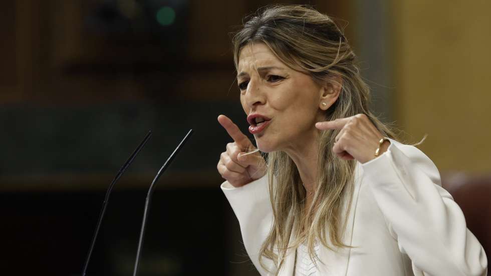 epa12226174 Yolanda Diaz, Spanish Second Deputy Prime Minister, Labor Minister, and Sumar coalition leader, delivers a speech during the weekly plenary session at the Congress of Deputies in Madrid, Spain, 09 July 2025.  EPA/MARISCAL