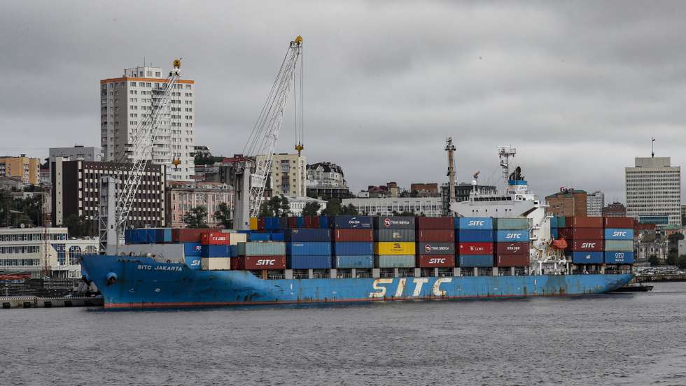 epa10161325 A container ship awaits the unloading of its cargo after berthing at a port in Pacific port-city Vladivostok, Russia, 05 September 2022. In March 2022, the three world leaders in container shipping - the Swiss Mediterranean Shipping Company (MSC), the Danish Maersk and the French CMA CGM - announced that they would stop accepting new orders for the transportation of containers to and from Russia. Earlier, the suspension of orders until further notice was announced by the German carrier Hapag-Lloyd (Germany), the Singapore alliance Ocean Network Express (ONE) and the Taiwanese operator Yang Ming (Taiwan), as well as a number of other shipping lines operating at small terminals.  EPA/YURI KOCHETKOV