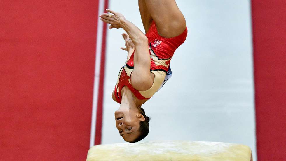 epa07123663 Oksana Chusovitina of Uzbekistan competes in the Women's Vault  Qualification at the FIG Artistic Gymnastics World Championships in Doha, Qatar, 27 October 2018  EPA/Noushad Thekkayil