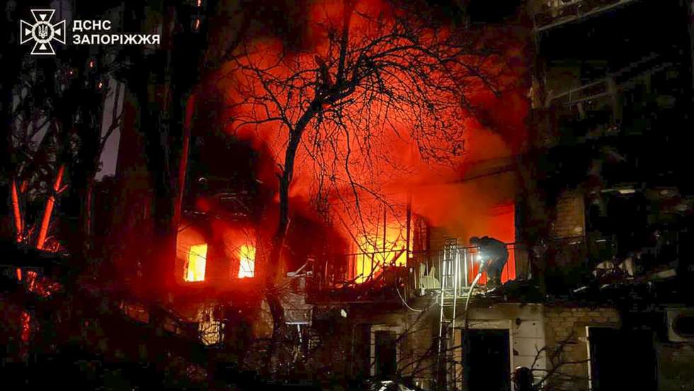 epa12335628 A handout photo released by the press service of the State Emergency Service (SES) of Ukraine shows Ukrainian rescuers working at the site of a Russian strike on a residential area in Zaporizhzhia, southeastern Ukraine, 30 August 2025, amid the Russian invasion. At least one person was killed and 22 others were injured, including three children, after Russian forces launched an overnight attack on Zaporizhzhia and surrounding areas, SES said. According to Ukrainian authorities, a large-scale attack across Ukraine was launched with around 540 drones, 8 ballistic missiles, and 37 other types of missiles.  EPA/STATE EMERGENCY SERVICE OF UKRAINE HANDOUT -- BEST QUALITY AVAILABLE -- MANDATORY CREDIT: STATE EMERGENCY SERVICE OF UKRAINE -- HANDOUT EDITORIAL USE ONLY/NO SALES