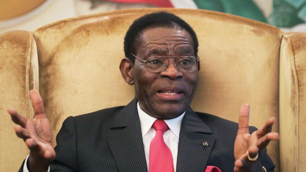 epa09061239 (FILE) - The President of Equatorial Guinea Teodoro Obiang speaks during a meeting with members from a delegation from the Community of Portuguese Speaking Countries (CPLP), responsible for the observations of the Legislative and Municipal Elections, at the Presidential Palace in Malabo, Equatorial Guinea, 10 November 2017 (reissued 08 March 2021). Equatorial Guinea's main city Bata has been rocked by several explosions on 07 March, President Teodoro Obiang Nguema Mbasogo said in an official statement, blaming negligence and carelessness of a unit in charge of explosives at a military base.  EPA/MARIO CRUZ *** Local Caption *** 54161279