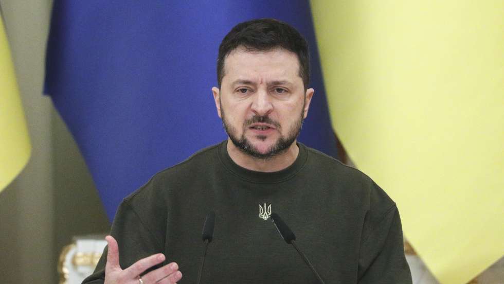 epa10415895 Ukrainian President Volodymyr Zelensky speaks during a joint press conference with President of the EU Council Charles Michel (not pictured) following their meeting in Kyiv, Ukraine, 19 January 2023. Charles Michel arrived in Ukraine to meet with top officials amid the Russian invasion.  EPA/SERGEY DOLZHENKO