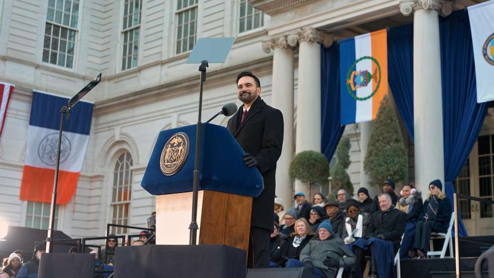 epa12621225 Zohran Mamdani speaks during his  Inauguration as Mayor of New Yorkin New York, New York, USA, 01 January 2026.  EPA/TAURAT HOSSEIN