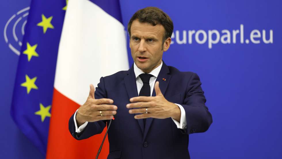 epa09936084 French President Emmanuel Macron speaks during a press conference after the closing event of the Conference on the Future of Europe at the European Parliament in Strasbourg, France, 09 May 2022.  EPA/RONALD WITTEK