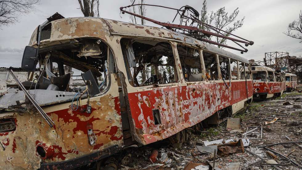epaselect epa09965004 A destroyed tram at a tram depot in Mariupol, Ukraine, 21 May 2022 (issued 22 May 2022). According to the Head of the self-proclaimed Donetsk People's Republic Denis Pushilin, 60 percent of the houses in Mariupol were destroyed, 20 percent of which cannot be rebuilt. The Chief spokesman of the Russian Defense Ministry, Major General Igor Konashenkov, said on 20 May that the long-besieged Azovstal steel plant in Mariupol was under full Russian army control.  EPA/ALESSANDRO GUERRA