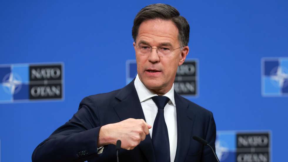 epa12009149 NATO Secretary General Mark Rutte speaks at a press conference after the North Atlantic Treaty Organization (NATO) meeting of NATO Foreign Ministers at NATO's headquarters in Brussels, Belgium, 04 April 2025.  EPA/OLIVIER HOSLET