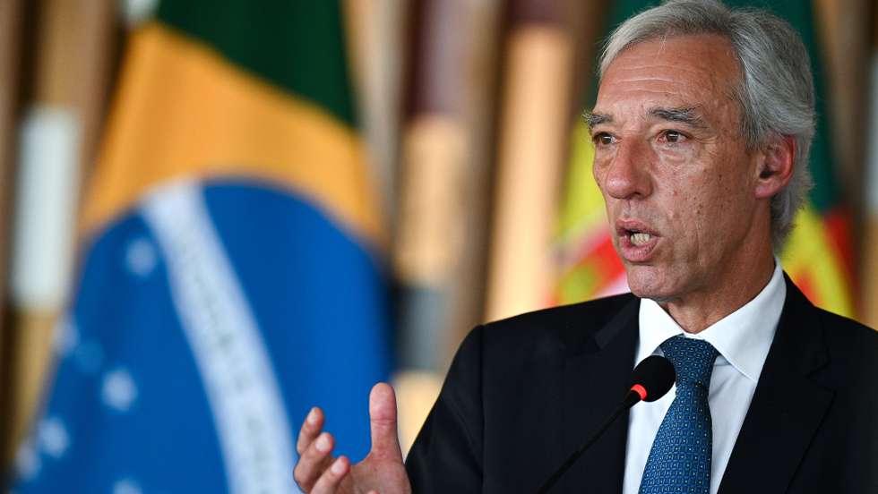 epa10485977 Portuguese Foreign Minister Joao Gomes Cravinho attends a press conference with his Brazilian counterpart in the Palace of Itamaraty, in Brasília, Brazil, 23 February 2023.  EPA/Andre Borges