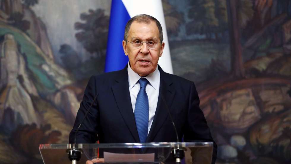 epa08733261 A handout photo made available by the Russian Foreign Affairs Ministry shows Russian Foreign Minister Sergei Lavrov speaking during a press conference following trilateral talks with Armenian Foreign Minister Zohrab Mnatsakanyan and  Azerbaijan's Foreign Minister Jeyhun Bayramov on the Nagorno-Karabakh situation, in Moscow, Russia, 10  October 2020. Armed clashes erupted on 27 September 2020 in the simmering territorial conflict between Azerbaijan and Armenia over the Nagorno-Karabakh territory.  EPA/RUSSIAN FOREIGN AFFAIRS MINISTRY HANDOUT EDITORIAL USE ONLY/NO SALES HANDOUT EDITORIAL USE ONLY/NO SALES