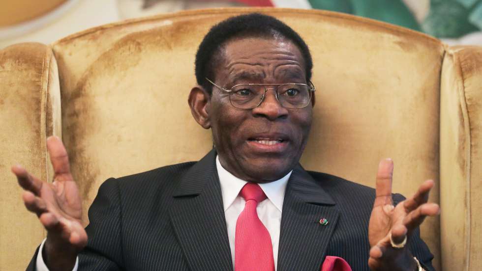 epa09061239 (FILE) - The President of Equatorial Guinea Teodoro Obiang speaks during a meeting with members from a delegation from the Community of Portuguese Speaking Countries (CPLP), responsible for the observations of the Legislative and Municipal Elections, at the Presidential Palace in Malabo, Equatorial Guinea, 10 November 2017 (reissued 08 March 2021). Equatorial Guinea's main city Bata has been rocked by several explosions on 07 March, President Teodoro Obiang Nguema Mbasogo said in an official statement, blaming negligence and carelessness of a unit in charge of explosives at a military base.  EPA/MARIO CRUZ *** Local Caption *** 54161279