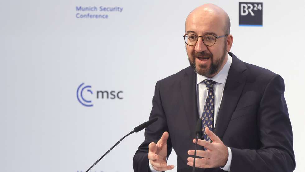 epa09773832 President of the European Council Charles Michel speaks during the 58th Munich Security Conference (MSC) in Munich, Germany, 20 February 2022. More than 500 high-level international decision-makers meet at the 58th Munich Security Conference in Munich during their annual meeting from 18 to 20 February 2022 to discuss global security issues.  EPA/RONALD WITTEK