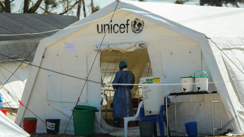 Unicef members work in the newly opened Unicef center of Cholera treatment at Macurungo neighbourhood of the city of Beira where there is also working now a Campaign Hospital of the Portuguese Red Cross. Reports state that can be up to 45 thousand women to give birth in the following months after the passage of cyclone Idai, in the province of Sofala, central Mozambique, 1 of April 2019. Reports state that some 1.7 million people are said to be affected across southern Africa. MIGUEL A. LOPES/LUSA