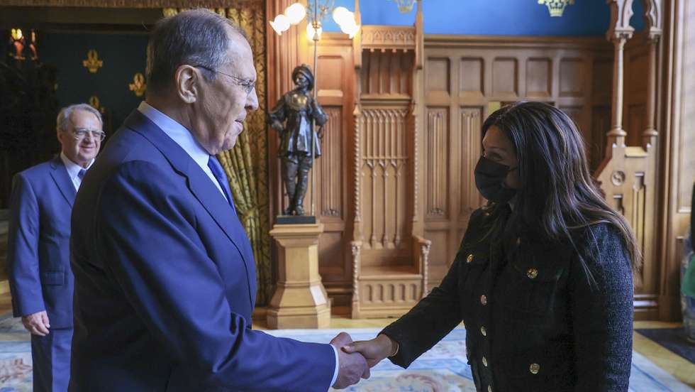 epa09530269 A handout photo made available by the press service of the Russian Foreign Affairs Ministry shows Russian Foreign Minister Sergey Lavrov (L) meets with Guinea-Bissau Foreign Minister Suzi Carla Barbosa in Moscow, Russia, 18 October 2021.  EPA/RUSSIAN FOREIGN AFFAIRS MINISTRY HANDOUT MANDATORY CREDIT  HANDOUT EDITORIAL USE ONLY/NO SALES HANDOUT EDITORIAL USE ONLY/NO SALES