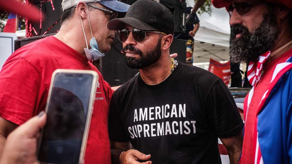 epa08985258 (FILE) - Far-right group the Proud Boys leader Enrique Tarrio (R) interacts with supporters during the &#039;Latinos for Trump&#039; demonstration, at Tamiami Park in Miami, Florida, USA, 18 October 2020 (reissued 03 February 2021). Canada has labbeled the Far-right group the Proud Boys a terrorist group, Canadian public safety minister Bill Blair announced on 03 February 2021.  EPA/MARIO CRUZ