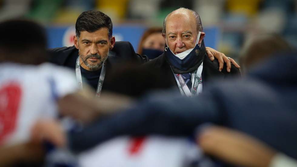 FC Porto's president Jorge Nuno Pinto da Costa (R) and his head coach Sergio Conceicao (L) celebrate after winning the Portuguese Candido de Oliveira Supercup soccer match against Benfica (2-0), held at Aveiro Municipal Stadium, in Aveiro, Portugal, 23 December 2020. JOSE COELHO/LUSA