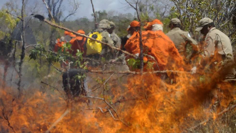 epa02346760 Firemen try to extinguish the wildfire in the National Park of Brasilia also known as 'Agua Mineral' in Brasilia, Brazil, 20 September 2010. More than 200 firemen an inhabitants of the region try to control the fire, the biggest in the last three years in Brasilia.  EPA/FERNANDO BIZERRA JR