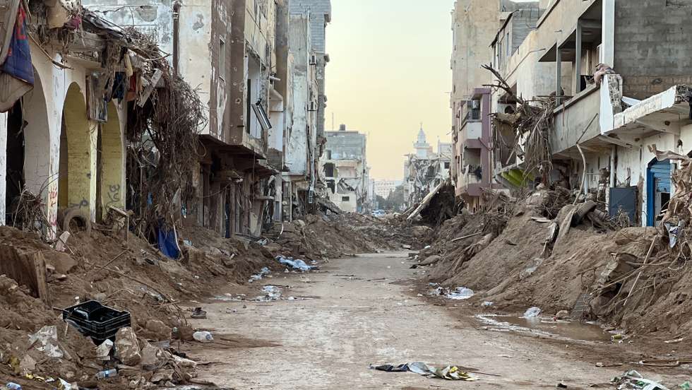 epaselect epa10868436 A damaged neighborhood, days after Storm Daniel swept across eastern Libya, in the port city of Derna, Libya, 18 September 2023. Intense rainfall from the storm in the country's eastern region caused the collapse of two dams south of the city of Derna, sweeping away entire neighborhoods. The death toll has surpassed 11,300 and over 34,000 people have been displaced across the country. The flooding exacerbated Libya's needs, where 800,000 people are reported in need of humanitarian assistance, the International Rescue Committee (IRC) said.  EPA/STR