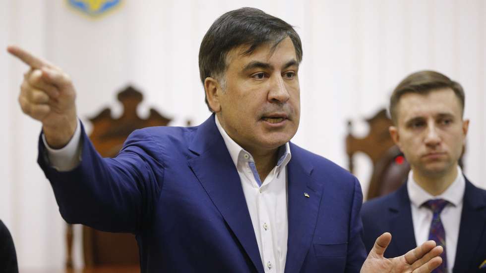 epa09500535 (FILE) - Former Georgian president and ex-governor of the Odessa region Mikheil Saakashvili speaks after a court hearing about a preventive punishment for Saakashvili at the appeal court in Kiev, Ukraine, 22 December 2017 (issued 01 October 2021). Mikhail Saakashvili, who returned to the country after eight years of emigration, was detained by law enforcement officers on 01 October 2021. This was announced by the Prime Minister of the Republic Irakli Garibashvili. Earlier, the ex-president of Georgia announced that he was going to return to his homeland on the eve of the municipal elections to be held on October 2. In Georgia, he was sentenced by a court to prison for abuse of office. He left the country in 2013.  EPA/SERGEY DOLZHENKO