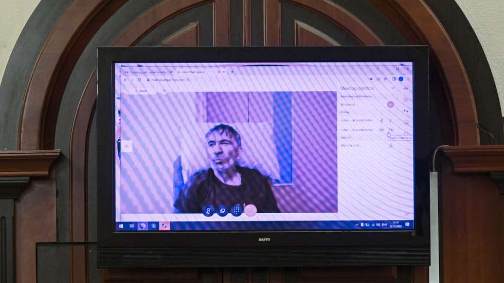 epa10451488 (FILE) - Georgia's former President Mikhail Saakashvili appears via video link from the hospital during a hearing for his release on health grounds, in Tbilisi city court, Georgia, 22 December 2022 (reissued 06 February 2023). Saakashvili's press team on 06 February 2023 shared a message stating he "basically got a death sentence and will stay in prison," referencing to an appeal rejected by a Tbilisi court to release Saakashvili from prison on health grounds. Former Georgian president and Odesa governor Saakashvili in October 2021 was arrested and placed in a prison in the city of Rustavi but in May 2022 he was taken to the private clinic in Tbilisi, where he remains to this day  EPA/ZURAB KURTSIKIDZE