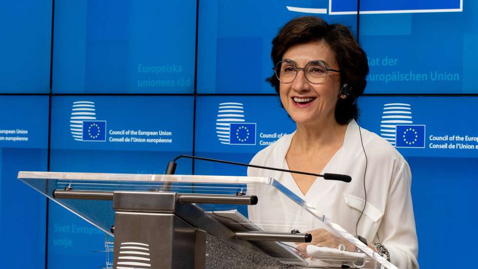A ministra da Agricultura de Portugal, Maria do Céu Antunes, durante a conferência de imprensa após negociações entre a Conselho da União Europeia e o Parlamento Europeu sobre a reforma Política Agrícola Comum (PAC), em Bruxelas, Bélgica, 28 de maio de 2021. TONY DA SILVA/LUSA