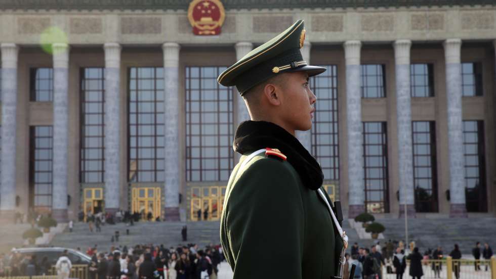 epaselect epa11939233 A Chinese People's Liberation Army (PLA) soldier stands guard in front of the Great Hall of the People (GHOP) after the opening ceremony of the Third Session of the 14th Chinese People's Political Consultative Conference (CPPCC) National Committee in Beijing, China, 04 March 2025. China's major annual political meetings, known as the 'Lianghui' or 'Two Sessions,' begin on 04 March with the opening of the Chinese People's Political Consultative Conference (CPPCC), while the National People's Congress (NPC) will open on 05 March.  EPA/JESSICA LEE