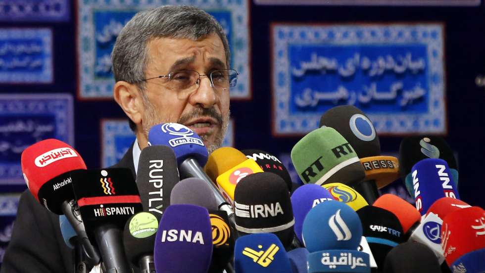 epa09193026 Iranian presidential candidate and former president Mahmoud Ahmadinejad speaks at a press conference after he registered his candidacy for the post of President of Iran, at the Interior Ministry in Tehran, Iran, 12 May 2021. Iran will hold its presidential election on 18 June 2021.  EPA/ABEDIN TAHERKENAREH
