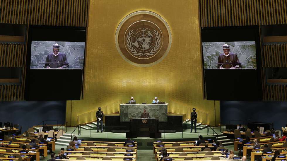 epa09485636 Nigeria&#039;s President Muhammadu Buhari  addresses the 76th Session of the United Nations General Assembly, in New York City, New York, USA, 24 September 2021.  EPA/JOHN ANGELILLO / POOL