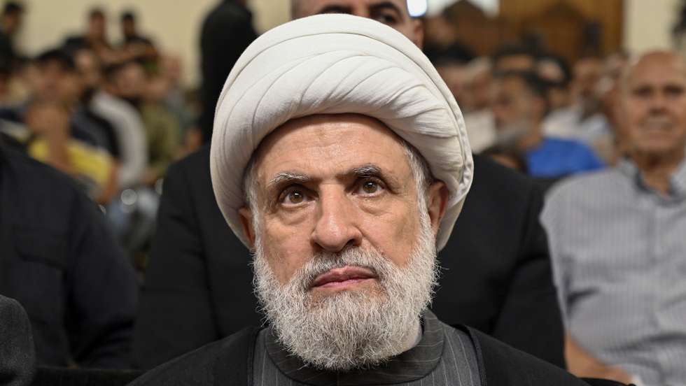 epa11689987 (FILE) - Hezbollah deputy leader Sheikh Naim Qassem listens to a speech of Hezbollah leader Hassan Nasrallah (not pictured) via a screen at a memorial ceremony for senior Hezbollah commander, in a suburb outside Beirut, Lebanon, 19 June 2024 (reissued 29 October 2024). Lebanon's Hezbollah on 29 October announced that its deputy leader Naim Qassem was elected to succeed late chief Hassan Nasrallah.  EPA/WAEL HAMZEH