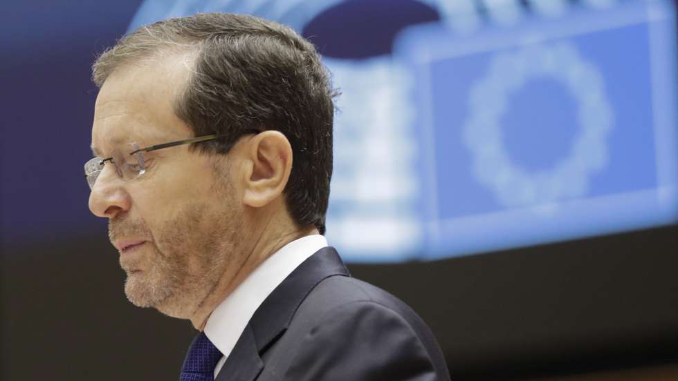 epa10430717 Israel President Isaac Herzog addresses a special plenary session of the European Parliament to commemorate International Holocaust Remembrance Day, in Brussels, Belgium, 26 January 2023. International Holocaust Remembrance Day falls on 27 January.  EPA/OLIVIER HOSLET