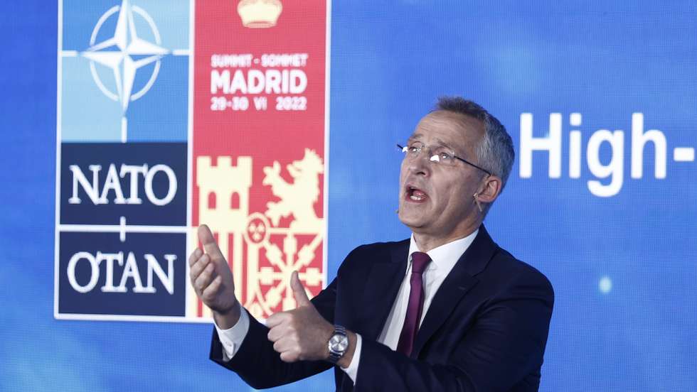 epa10038721 NATO Secretary General, Jens Stoltenberg, participates during the &#039;NATO Public Forum&#039; summit in Madrid, Spain, 28 June 2022. Heads of State and Government from NATO&#039;s member countries and key partners are gathering in Madrid to discuss important issues facing the Alliance and endorse NATO&#039;s new Strategic Concept, the Organization said.  EPA/RODRIGO JIMENEZ / POOL