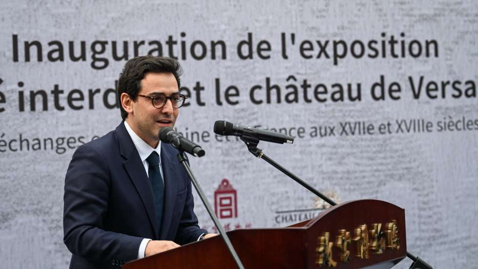 epa11254356 French foreign minister Stephane Sejourne delivers a speech during the opening ceremony of the 'The Forbidden City and the Palace of Versailles' exhibition, which celebrates the sixtieth anniversary of the establishment of diplomatic relations between France and China, in the forbidden city in Beijing, China, 01 April 2024.  EPA/Jade GAO / POOL