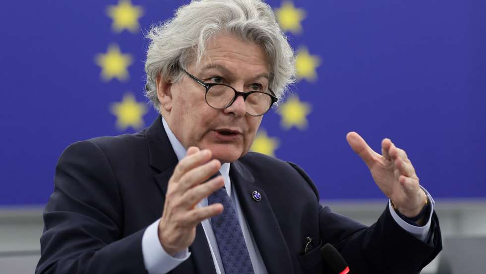 epa10988190 European Union Commissioner for Internal Market Thierry Breton speaks during a question time on 'The state of implementation of the EU's commitment to provide 1 million rounds of artillery ammunition to Ukraine until March 2024' at the European Parliament in Strasbourg, France, 21 November 2023. The EU Parliament's session runs from 20 until 23 November 2023.  EPA/RONALD WITTEK
