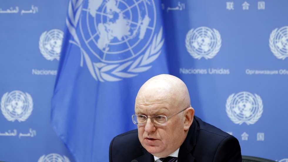 epa09721751 Russian Ambassador to the UN and current UN Security Council President, Vasily Nebenzia holds a press conference to announce the Council's program of work for the month of February at THE United Nations headquarters in New York, New York, USA, 01 February 2022.  EPA/JASON SZENES