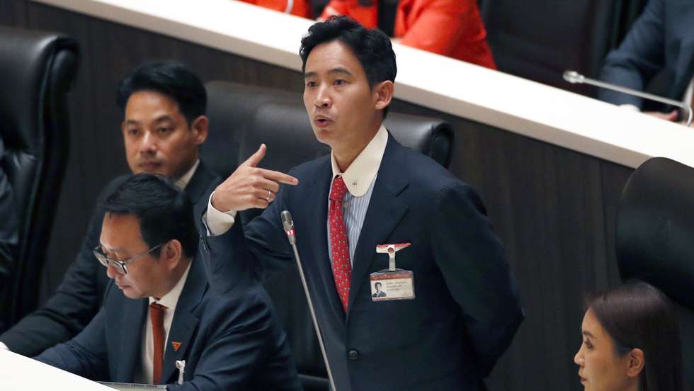 epa10742921 Move Forward Party leader and prime ministerial candidate Pita Limjaroenrat speaks during a vote for a new prime minister at Parliament in Bangkok, Thailand, 13 July 2023. Thailand's parliament convenes a joint session of the Senate and House of Representatives in a crucial vote for a new prime minister after the May 14 general election. Front-runner Limjaroenrat was nominated as the next prime minister after winning the election and is currently working to form a coalition eight-party government with 312 votes in the lower house, but still needs another 64 legislators to secure the necessary 376 votes from among the 250 senators and 500 lower house representatives to achieve his goal. A majority of senators opposed voting for Limjaroenrat, who was facing disqualification over allegations of violating election rules by shareholding a media firm, as well as concerns over his party's foreign and monarchy policies.  EPA/RUNGROJ YONGRIT