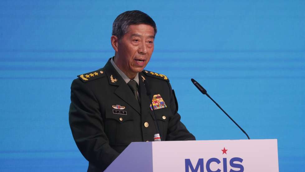 epa10801274 Chinese Defence Minister Li Shangfu delivers his speech at a session of the 11th Moscow Conference on International Security (MCIS) during the International Military-Technical Forum Army-2023 held at the Patriot Park in Kubinka, outside Moscow, Russia, 15 August 2023. The International Military-Technical Forum Army-2023 is held from 14 to 20 August 2023 at Patriot Expo, Kubinka Air Base and Alabino military training grounds.  EPA/YURI KOCHETKOV