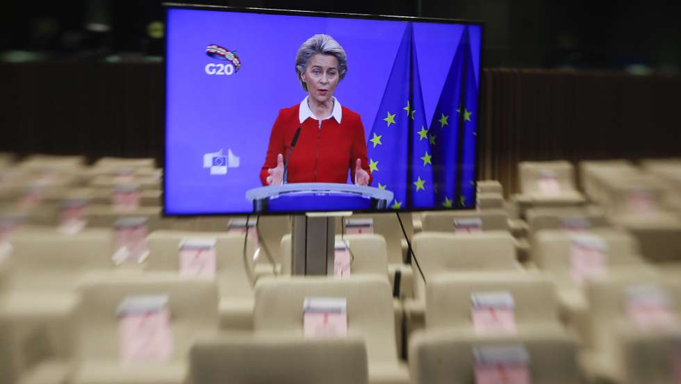 epa08830651 A tiltshift lens image of European Commission President Ursula Von Der Leyen seen on a screen as she along with European Council President Charles Michel (unseen) give a joint press briefing ahead of a G20 online meeting, in Brussels, Belgium, 20 November 2020. The G20 Leaders’ Summit will be held virtually on 21 and 22 November and is organized by Saudi Arabia's current G20 Presidency.  EPA/OLIVIER HOSLET / POOL