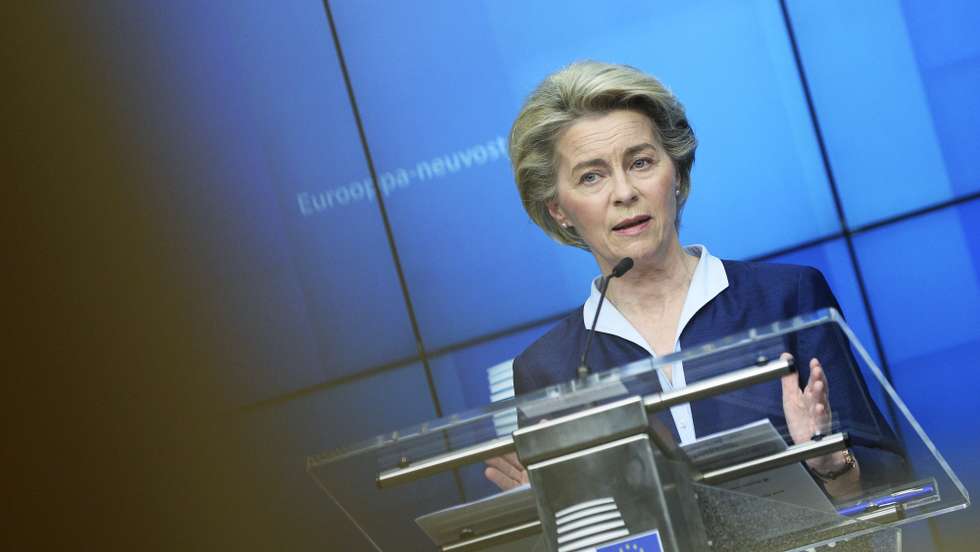 epa09037995 European Commission President Ursula von der Leyen speaks during a news conference following a video conference on security and defence and on the EU's Southern Neighborhood with European leaders and NATO Secretary General Stoltenberg in Brussels, Belgium, 26 February 2021.  EPA/JOHANNA GERON / POOL