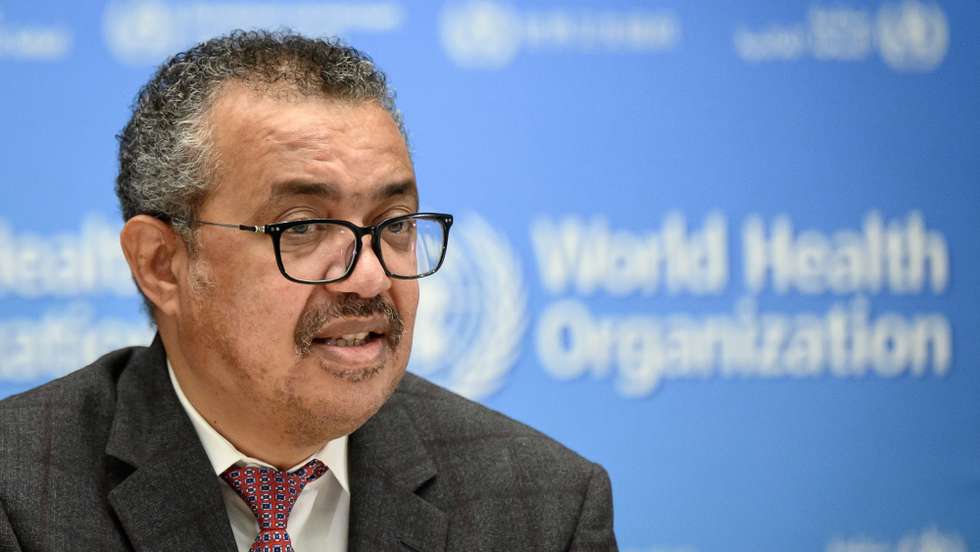 epa09529942 World Health Organization (WHO) Director-General Tedros Adhanom Ghebreyesus delivers a speech during the launch of a multiyear partnership with Qatar on making the FIFA Football World Cup 2022 and mega sporting events healthy and safe, at the WHO headquarters in Geneva, Switzerland,  18 October 2021.  EPA/FABRICE COFFRINI / POOL