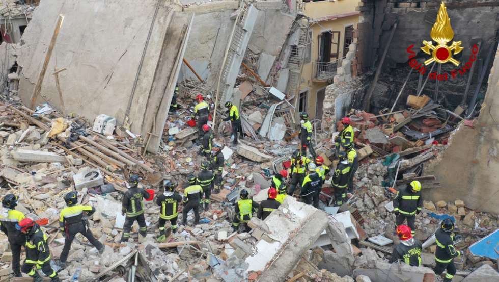 epa09637934 A handout picture provided by the Vigili del Fuoco shows an aerial view of the damage following a blast caused by a gas leak in Ravanusa, Sicily, Italy, 12 December 2021. Firefighters found a fourth body in the rubble of the collapsed buildings; two survivors were rescued, five people are still missing.  EPA/VIGILI DEL FUOCO HANDOUT  HANDOUT EDITORIAL USE ONLY/NO SALES