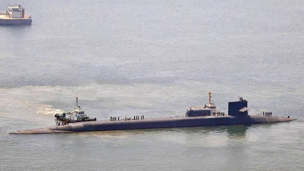 epa10694151 The USS Michigan, a nuclear-powered guided missile submarine, enters the South Korean naval base in Busan, South Korea, 16 June 2023.  EPA/YONHAP SOUTH KOREA OUT