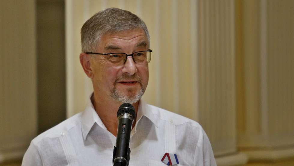 epa06848042 The Russian ambassador to Cuba, Mikhail Kamynin, speaks after receiving a decoration for his outstanding work for ten years, at the Ministry of Foreign Affairs (MINREX) in Havana, Cuba, on 28 June 2018. The Government of Cuba today honored the outgoing ambassador of Russia on the island, Mikhail Kaminin, for his contribution during the last ten years to the &#039;excellent&#039; bilateral relations between both historical allies.  EPA/Yander Zamora